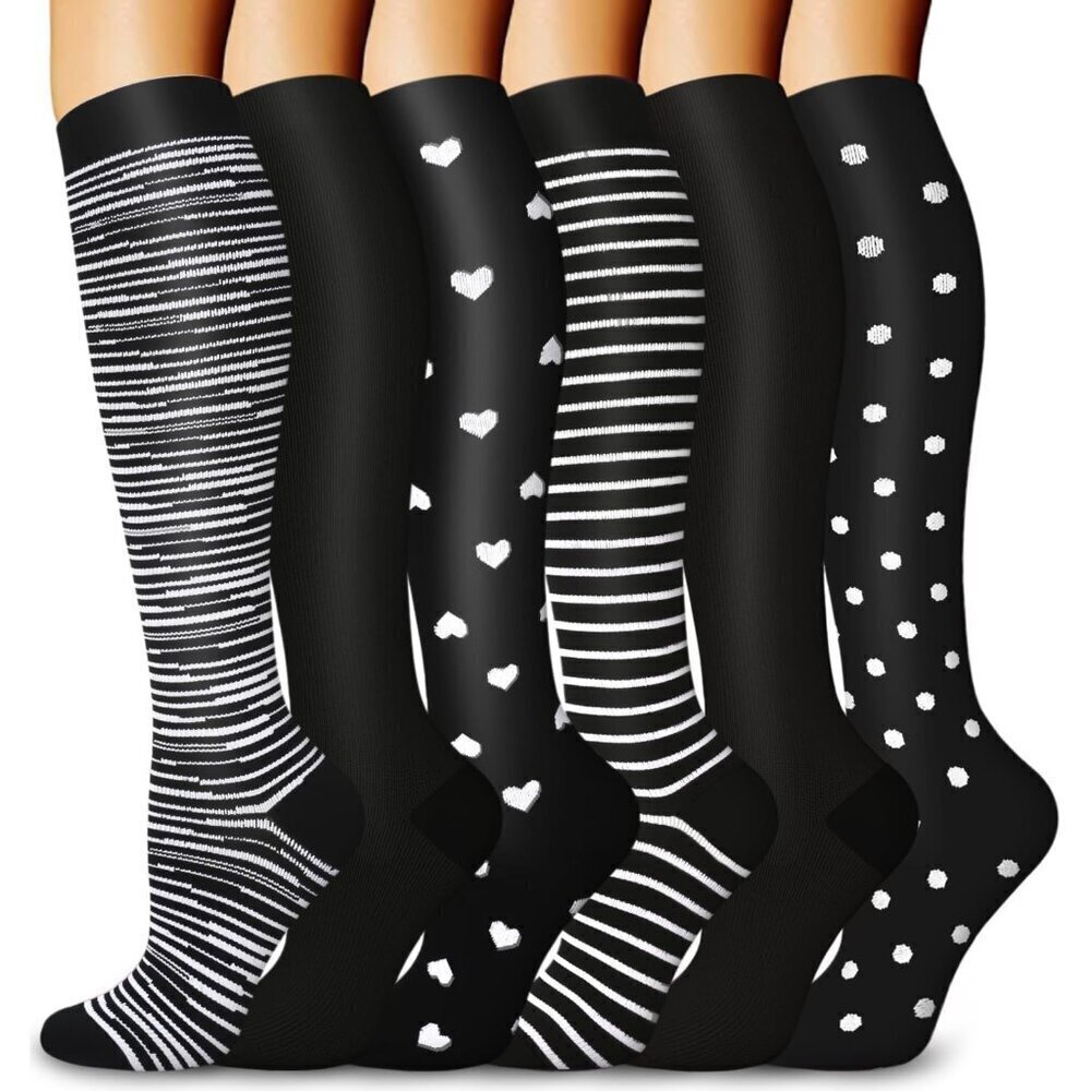 Women's Black & White 6 Pairs Compression Socks 15-20mmhg Compression Stockings